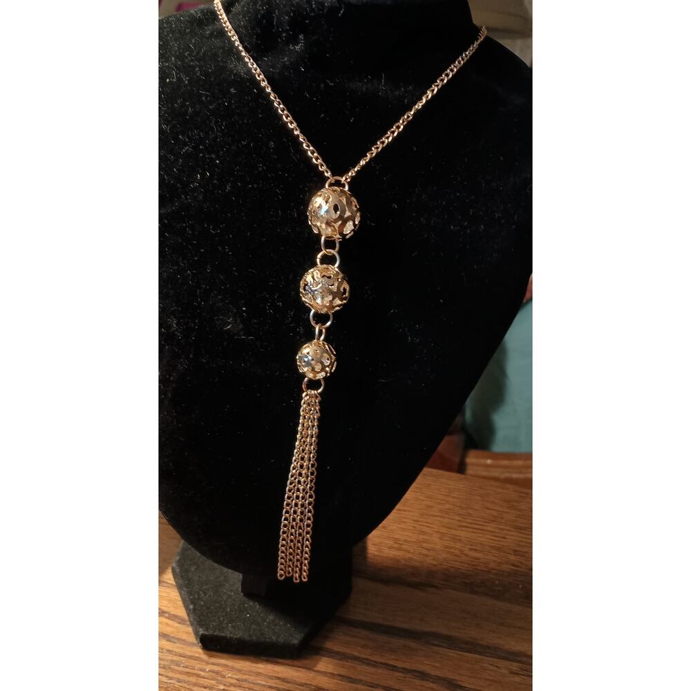 Gold-tone Pendant Tassel Necklace with 3 Filigree Balls and Clear Rhinestones
